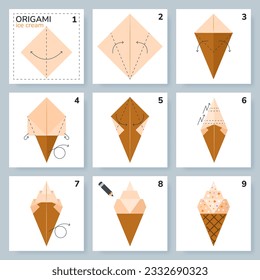 ice cream origami scheme tutorial moving model. Origami for kids. Step by step how to make a cute origami ice cream cone. Vector illustration.