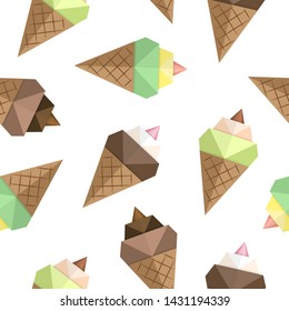 Ice cream origami seamless pattern. Set of colorful bright ice cream cones origami. Summer food isolated on white for use on wrapping paper, fabric, wallpaper, cookbooks, menus. Vector