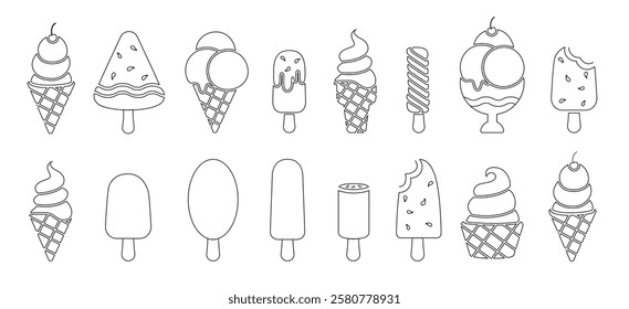 Ice cream outline clipart icon set. Ice cream symbol in drawing, stroke line, logo, and flat cartoon elements clip art with cone and popsicle vector illustration.