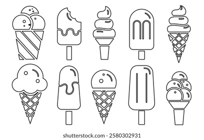 Ice cream outline clipart set. Ice cream icon line art collection in cone, cup, popsicle stick and glass elements  clip art  vector illustration summer sweet dessert.