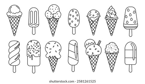 Ice cream outline clipart set. Popsicle and ice cream clip art icon and symbol in art line drawing and sketch summer collection in white background. 