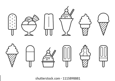 Ice cream outline icons set, Simple flat design isolated on white background, Vector illustration