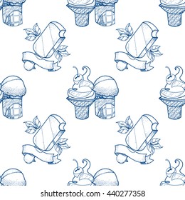 Ice cream outline seamless pattern for design surface. Desserts and sweets theme.