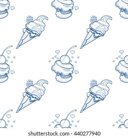 Ice cream outline seamless pattern for design surface. Desserts and sweets theme.