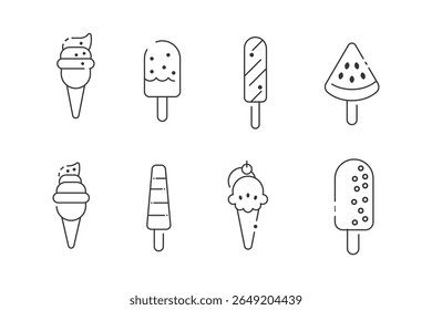 Ice cream outline vector set with popsicles, cones, watermelon ice, sketch style summer frozen dessert line art icons for kids and fun themes