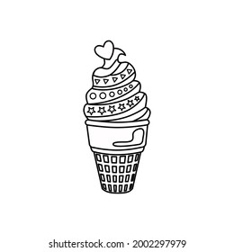 Ice cream in an outline waffle glass. The icon. Vector illustration.