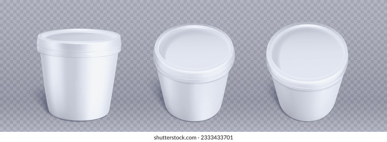 Ice cream package, white plastic container. 3d mockup of blank bucket with lid for yogurt, dairy products, butter or gelato. Round food jar with cap in front and top view, vector realistic set