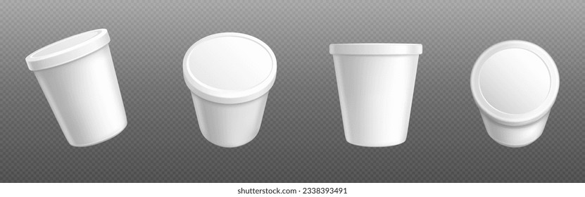 Ice cream package, white plastic container. 3d mockup of blank bucket with lid for yogurt, dairy products, butter or gelato. Round food jar with cap in front and angle view, vector realistic set