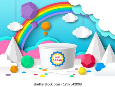 Empaque de helado cubo de plástico, bañera, paro de contenedores, cielo de corte de papel con nubes, globos de aire caliente y arco iris, ilustración vectorial. Postre dulce natural saludable, plantilla de anuncios de productos lácteos para alimentos.