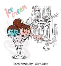 Ice cream painted by hand. Vector illustration. Postcard with dessert.