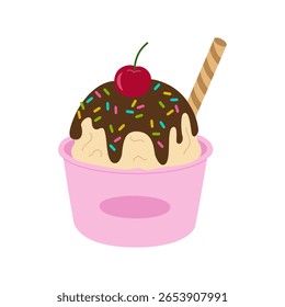 Sorvete em xícara de papel com cobertura de chocolate , cereja e waffle stick. Comida refrescante doce de verão, sobremesa congelada. Ilustração de vetor desenhada à mão isolada sobre fundo branco, estilo de desenho animado plano