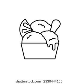 Ice cream in paper cup. Creamy balls with lemon slice and stick. Refreshing dessert in modern minimalist style. Line icon, editable stroke. Best for menu, web design, app