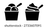 Ice cream in paper cup icon, black silhouette isolated on white. Three scoops or balls and soft serve gelato in glass with spoon or wooden stick. Vector clipart sign for minimalist design or logo.