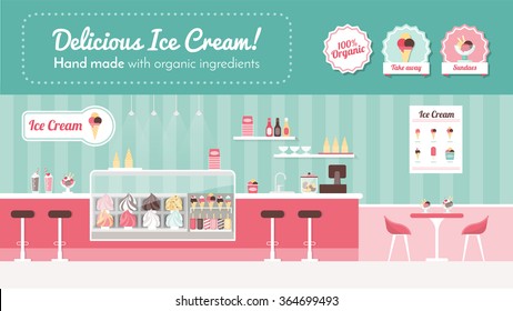 Ice Cream Parlor Banner, Shop Interior And Desserts On Display