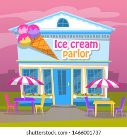 Ice cream parlor building selling dessert vector, sweet frozen cream flat style. Gelato house with place to sit and eat, tables and chairs with umbrellas. Flat cartoon