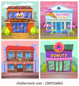 Ice cream parlor and coffee house, baking and donuts cafe exteriors. Facade of buildings with signs and symbols. Places to eat and buy food in city. Set of town infrastructure, vector in flat