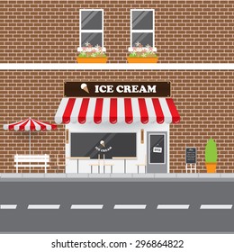 Ice Cream Parlor Facade with Street Landscape. Brick Building Retro Style Facade  Vector Illustration.