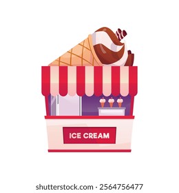 Ice cream parlor kiosk vector illustration isolated on background. Shop building with striped awning and facade display window with dessert. Sweet summer treat. Cartoon flat style.