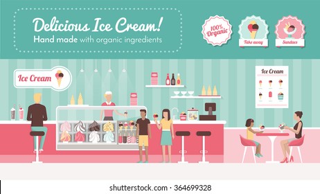 Ice Cream Parlor Vector Banner, Shop Interior, People Eating Tasty Desserts