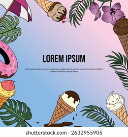 Ice cream party celebrate in summer time on bar Beach pool party and tropical palm atmosphere 