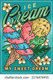 Ice cream party colorful flyer vintage sweet breakfast dessert for tropical vacation or hot summer holidays on island vector illustration