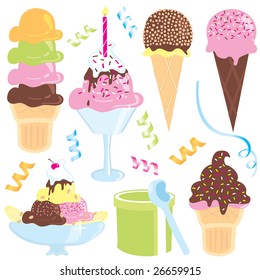 Ice Cream Party With Ice Cream Cones, Hot Fudge Sundae, Banana Split, Candle And Confetti