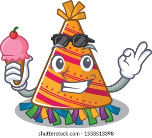 With ice cream party hat with in the cartoon