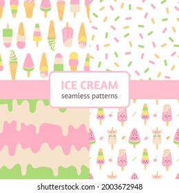 Ice cream party seamless patterns set. Ice cream birthday decoration. Perfect for greeting card or print on baby clothes. Vector illustration.