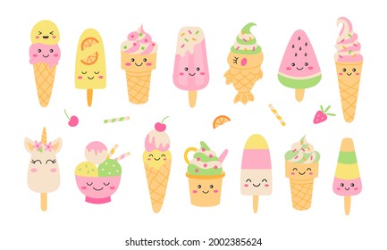 Ice cream party set. Cute ice creams cones and popsicles with fun faces. Kawaii cartoon style. Vector illustration.