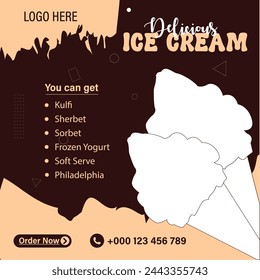 Ice cream party social media post, Template social media post color green, ice cream template. Delicious Ice Cream Food social media banner design, Creative restaurant post template, Modern squire web