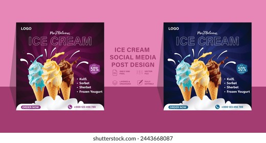 Ice cream party social media post template, summer party, Happy National Ice Cream Day card Social Media Post. An Ice Cream Cup with Various Fruit Ice Cream Scoops.