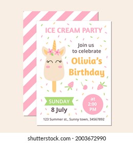 Ice cream party. Template invitation for girl birthday. Kawaii cartoon style. Vector illustration.