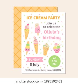 Ice cream party. Tepmlate invitation for girl birthday. Funny smile faces. Kawaii cartoon style. Vector illustration.