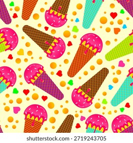 Fundo de padrão de sorvete. Padrão de desenho animado de sorvete de verão. Padrão sem costura com design de cones de sorvete. Ilustração de padrão de sorvete doce colorido.