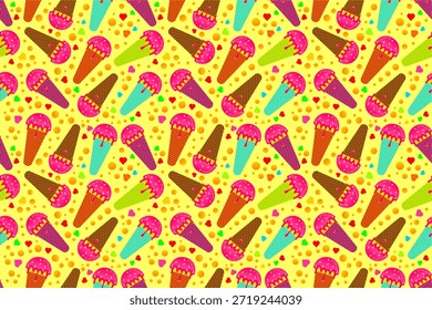 Fundo de padrão de sorvete. Padrão de desenho animado de sorvete de verão. Padrão sem costura com design de cones de sorvete. Ilustração de padrão de sorvete doce colorido.