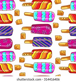 Ice cream pattern. Bright seamless pattern of ice cream. Ice cream on a stick. Summer seamless pattern, background. 
