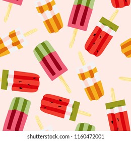 Ice cream pattern. Bright vector seamless pattern. Watermelon and caramel popsicles.