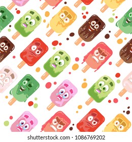 Ice cream pattern, cartoon flat design, vector illustration isolated on white background, funny and cute faces, emoji pattern