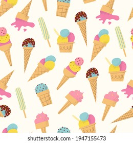 Patrón de helados. Un agradable y colorido fondo veraniego impecable. Ilustración plana dibujada a mano con textura vectorial. Dulce postre fresco en conos de gofre, paletas con diferentes ingredientes.