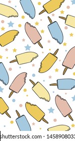 Ice cream pattern. Delicious sweet ice lolly wallpaper. White summer background with stars for phone cases,children clothes, t-shirt design. Vector illustration. 