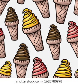 Ice cream pattern. Doodle hand drawn ice cream cones seamless print. Vector background. Summer wallpaper