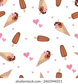 Ice cream pattern flat. Ice cream cone seamless pattern in white background.