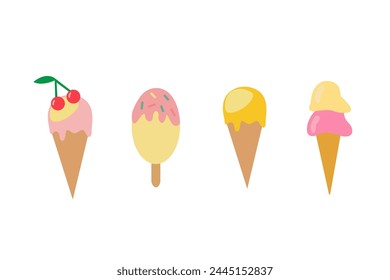 Ice cream pattern flat illustration on a white background, vector flat ice cream, different types of ice cream on a stick