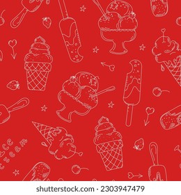 Ice Cream Pattern, food drawings. Set of icons and lettering. Seamless pattern. Doodle style vector illustration, line drawing.  Wallpaper decor.  Background isolated.