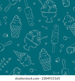 Ice Cream Pattern, food drawings. Set of icons and lettering. Seamless pattern. Doodle style vector illustration, line drawing.  Wallpaper decor.  Background isolated.