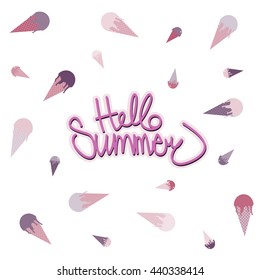 ice cream pattern frame and hello summer lettering. Element for poster, greeting cards, t-shirts design. Vector illustration