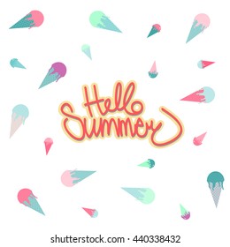 ice cream pattern frame and hello summer lettering. Element for poster, greeting cards, t-shirts design. Vector illustration