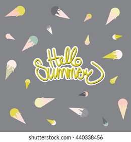 ice cream pattern frame and hello summer lettering. Element for poster, greeting cards, t-shirts design. Vector illustration