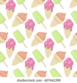 Ice cream pattern isolated on a white background.Vector seamless sweet dessert food background in flat style.