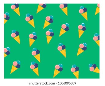 ice cream pattern multicolored balls in a waffle cup on a green background